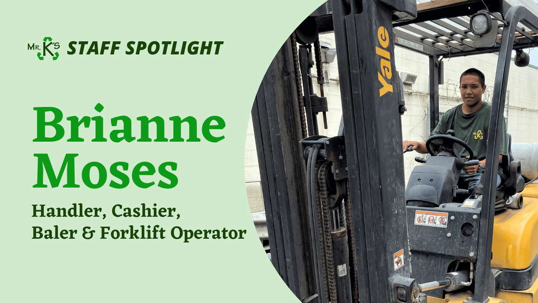 Staff Spotlight graphic shows Brianna Moses operating a forklift and lists her roles as handler, cashier, and baler and forklift operator